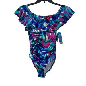 Swim Solutions  Off the Shoulder Tummy Control 1piece Swimsuit Blue  8